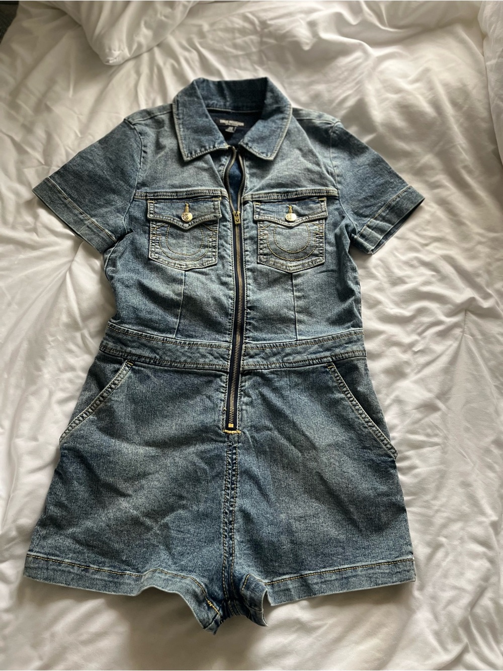 True Religion Denim Short Sleeve Zip Romper in Blue